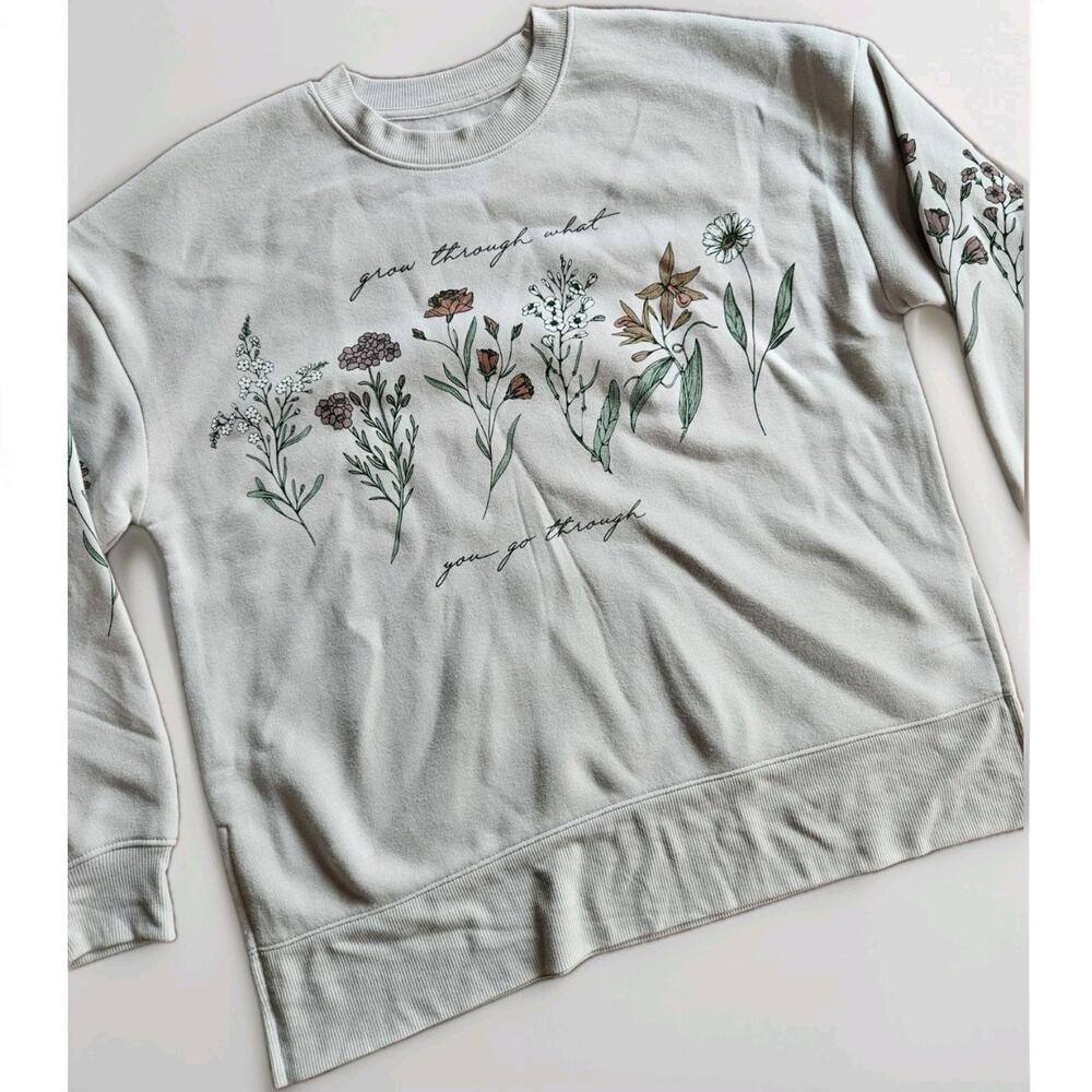 Fleurish Floral boho Graphic Pullover Sweatshirt sz M Beige Crew Neck